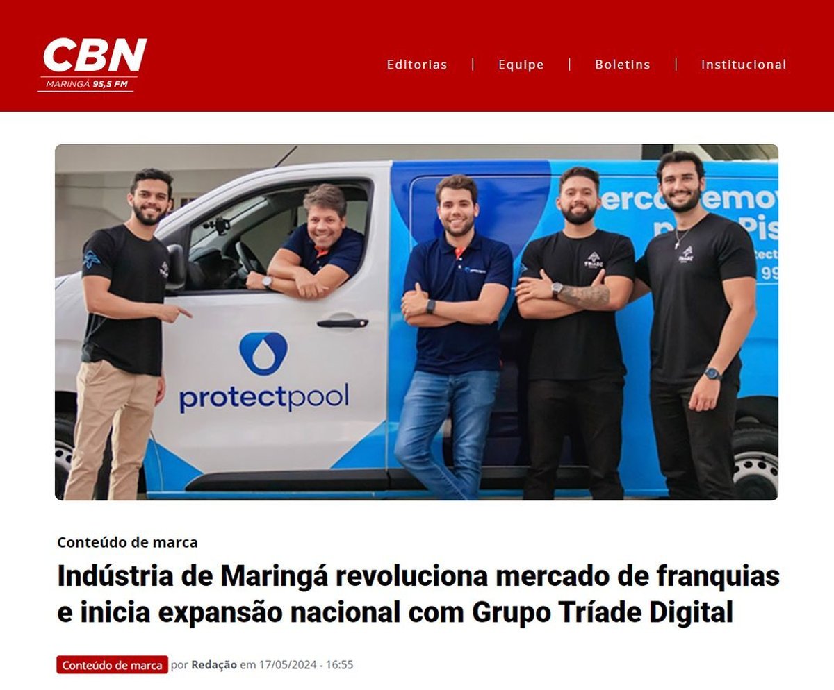 Matéria da CBN Maringá: Indústria de Maringá revoluciona mercado de franquias e inicia expansão nacional com Grupo Tríade Digital.