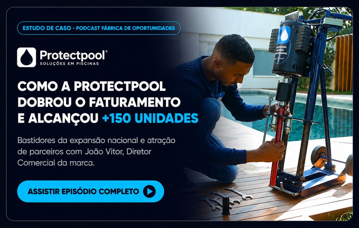 Estudo de caso no podcast Fábrica de Oportunidades: como a Protectpool dobrou o faturamento e alcançou mais de 150 unidades. Bastidores da expansão nacional com João Vitor, Diretor Comercial da marca. Assistir episódio completo.