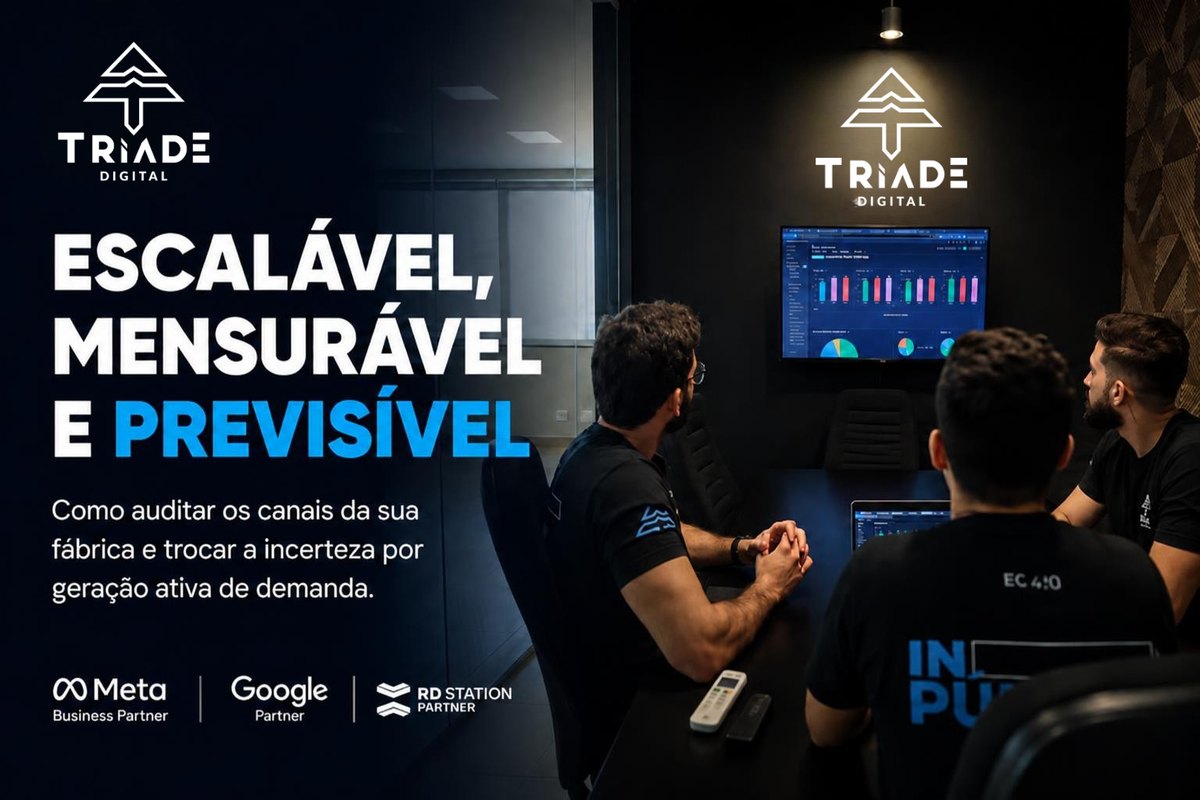 Escalável, mensurável e previsível. Como auditar os canais da sua fábrica e trocar a incerteza por geração ativa de demanda. Tríade Digital.