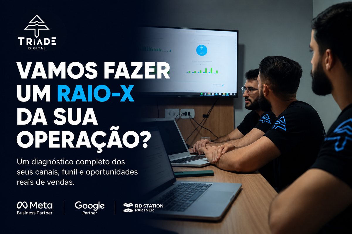 Vamos fazer um raio-X da sua operação? Um diagnóstico completo dos seus canais, funil e oportunidades reais de vendas. Tríade Digital.