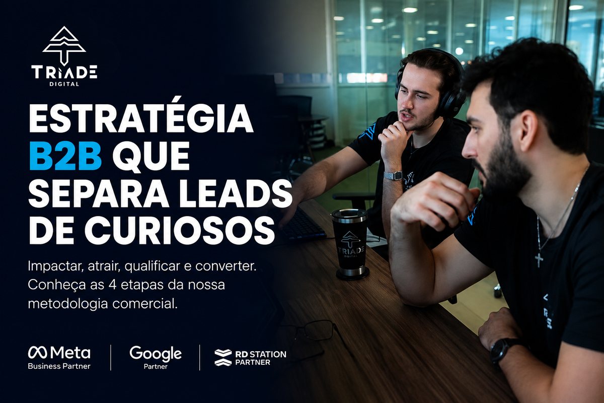 Estratégia B2B que separa leads de curiosos. Impactar, atrair, qualificar e converter: conheça as 4 etapas da nossa metodologia comercial. Tríade Digital.